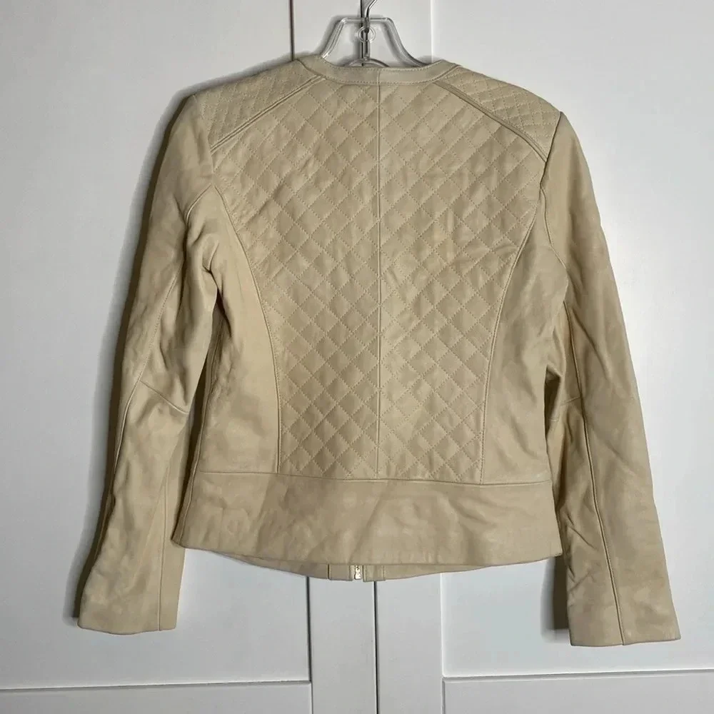 COLE HAAN Women's Jewel Neck Quilted Leather Jacket - Picture 3 of 14